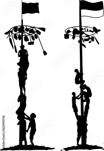 Silhouette of Panjat Pinang Traditional Game for Indonesian Independence Day Celebration. 