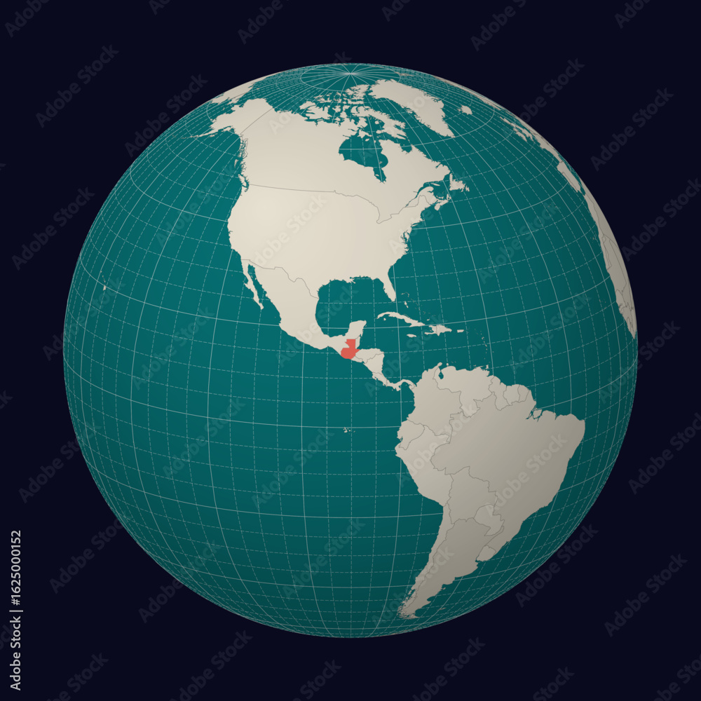 Fototapeta premium Guatemala on the map. Globe centered to Guatemala. Country location on the world map. Teal Pale Mint color palette. Globe with countries, meridians and parallels. Amazing vector illustration.