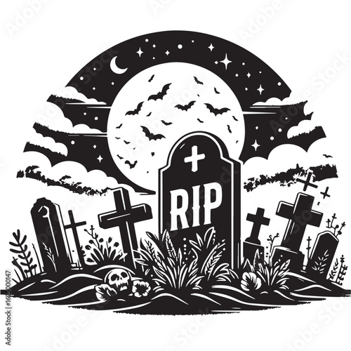  black Grave with RIP sign Silhouette Vector, High Quality Illustration on White Background