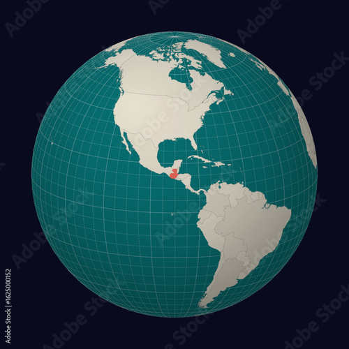 Guatemala on the map. Globe centered to Guatemala. Country location on the world map. Teal Pale Mint color palette. Globe with countries, meridians and parallels. Amazing vector illustration.