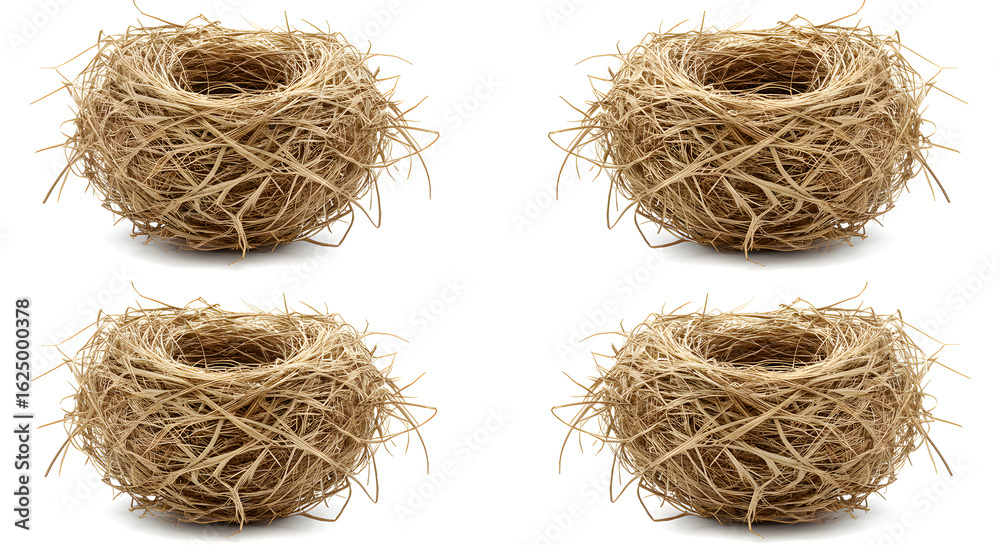 Obraz premium Four empty bird nests isolated on white background perfect for spring easter crafts home decor projects natural material