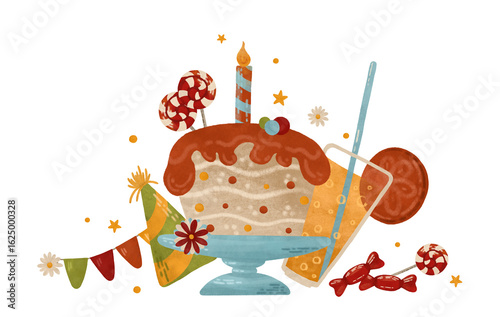 Festive watercolor composition in autumn colors: cupcake, candle, sweets, garland, confetti For design in printing, children's prints, and decorations