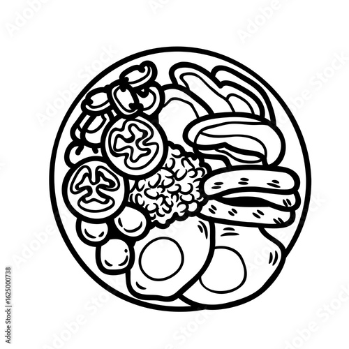 Illustration of a breakfast plate with eggs sausage tomatoes mushrooms and some other food items