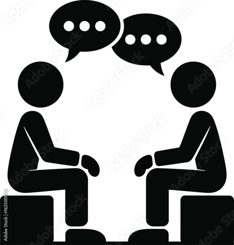 Two People Talking Icon Silhouette with Speech Bubbles in Black and White Vector