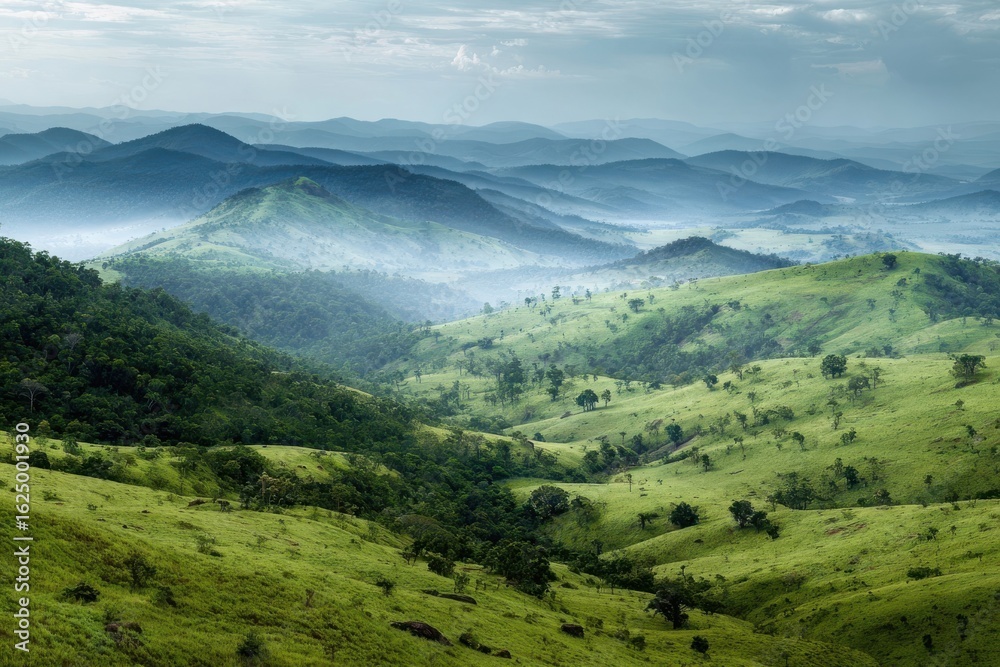 Fototapeta premium Lush Green Hillsides with Blue Mountain Range on Misty Day Under Cloudy Sky
