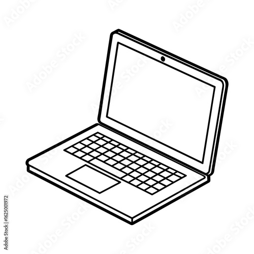 Isolated black and white line drawing of a laptop computer with a blank screen and keyboard view
