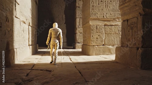 A mummy walks through an ancient temple