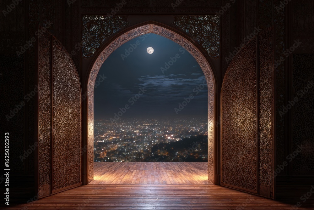 Fototapeta premium Ornate Archway Opens to Night Cityscape under Full Moon View from Wooden Balcony
