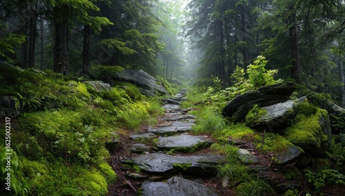 Misty forest path lined with moss-covered stones (1)