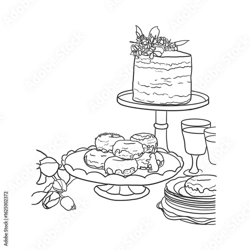 Line art illustration of a cake donuts and wine glasses on a table with flower decorations