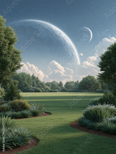 Digital surreal art of a celestial garden with planets nature landscape abstract painting frame philosophical viewpoint