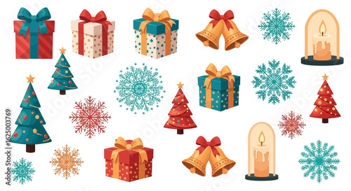 A festive collection of holiday icons with decorated Christmas trees, presents, snowflakes, and bells
