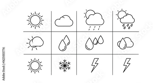 Weather forecast line icon set. Minimalist collection of sun, cloud, rain, and storm symbols.