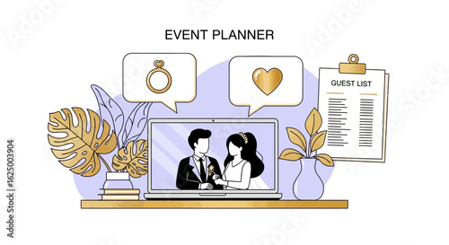 Professional event planner organizing a wedding online for a couple, with romantic icons.
