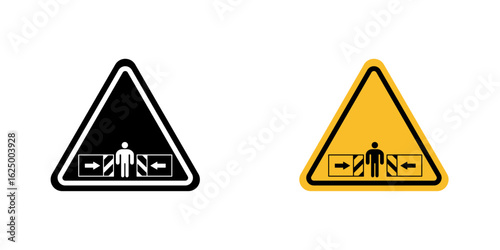Risk of crushing warning sign, Warning crushing sign. Warning sign Risk of crushing. flat style, To warn of moving mechanical parts, Human figure between two hatched bars; an arrow from the right side