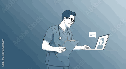A male doctor in scrubs conducts an online medical consultation with a patient via laptop