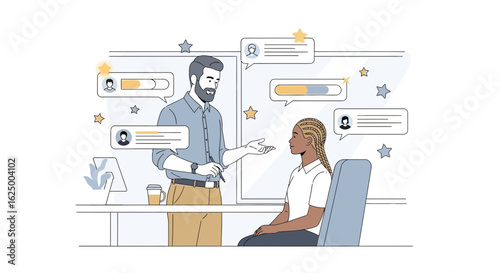 Manager giving constructive feedback and performance review to an employee with progress icons