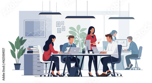 A modern open office with professionals collaborating at a long desk with laptops and plants