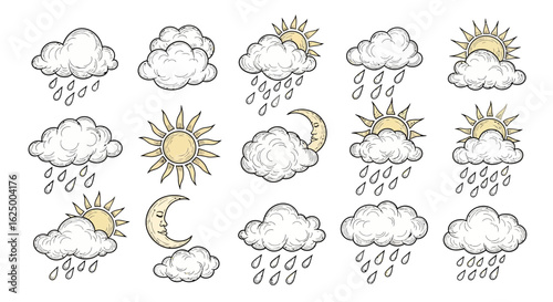A set of freeform doodle weather icons featuring sketchy clouds, suns, moons, and raindrops