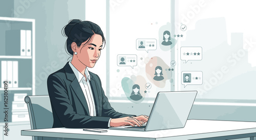 A recruiter in an office reviewing candidate profiles and ratings on a laptop computer.
