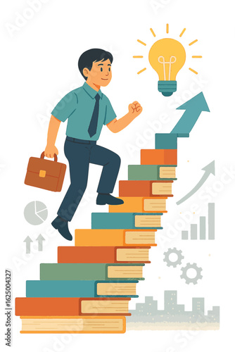 Businessman character climbing stairs of a growing chart, representing a successful career and financial growth