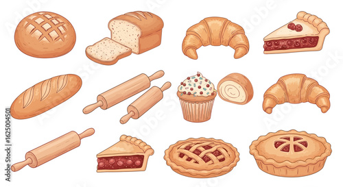 Bakery icon set featuring illustrated bread, pies, croissants, and cupcakes on a white background