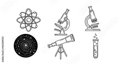 Black and white science icon set with atom, microscope, telescope, and test tube symbols.