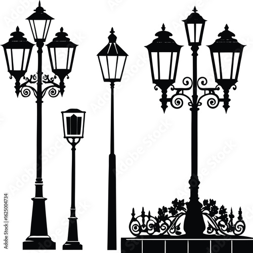 Vintage vector illustration of old city street lamps and lanterns, featuring antique iron lampposts with glowing glass bulbs against a night sky design, streetlamp, ironwork, cityscape, dusk