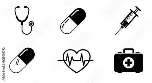Medical icon set in black and white featuring stethoscope, pill, syringe, and heartbeat.