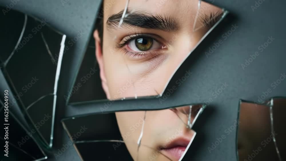 Young man's face shattered into broken mirror pieces creating a fragmented abstract reflection of identity emotion and inner turmoil against a dark background