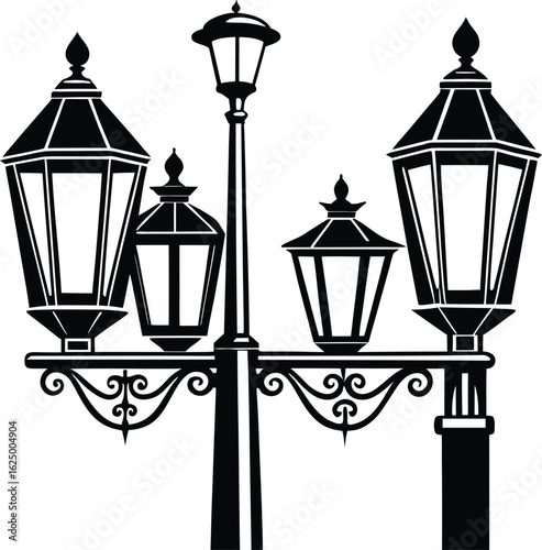 Antique street lantern vector illustration of a vintage cast iron lamppost against a clear sky, shadow, daylight, park, public, vintage-style, nostalgia