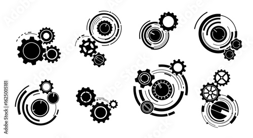 Set of black silhouette gear and cogwheel icons with abstract circular elements on white.