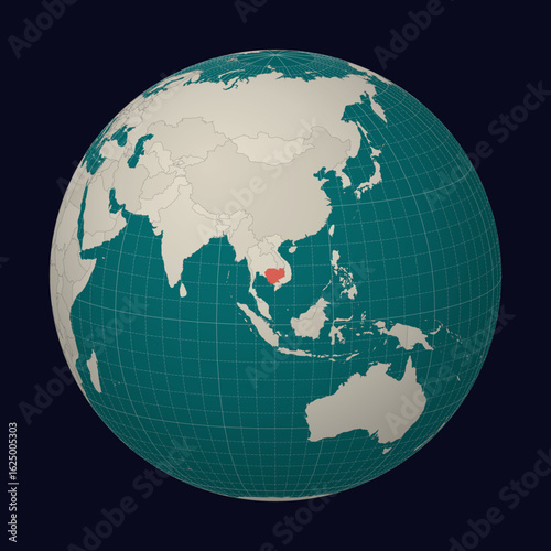 Cambodia on the map. Globe centered to Cambodia. Country location on the world map. Teal Pale Mint color palette. Globe with countries, meridians and parallels. Classic vector illustration.