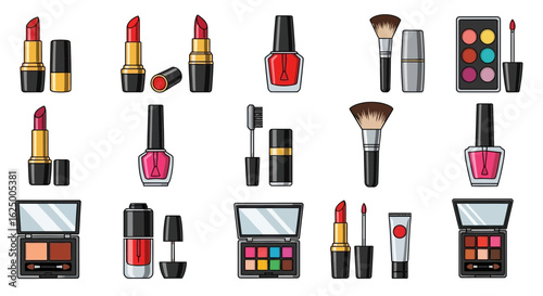 A vibrant vector collection of cosmetic and makeup icons, including lipstick, nail polish, and brushes.