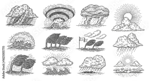 A set of vintage weather phenomena illustrations. Storm, wind, rain, and sun icons in an engraved style.
