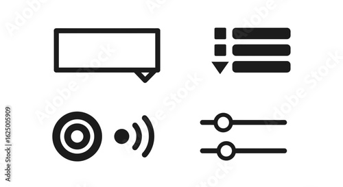 Monochrome UI icon set with tooltip, dropdown menu, signal, and control sliders for web design
