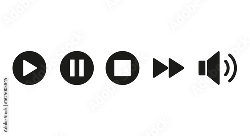 Flat monochrome web media player icons with play, pause, stop, forward, and volume controls.