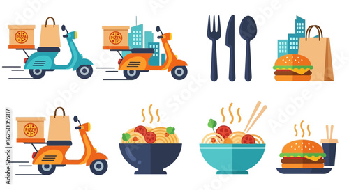 Food delivery icon set with scooters, takeout bags, meals, and cutlery in a flat design style.