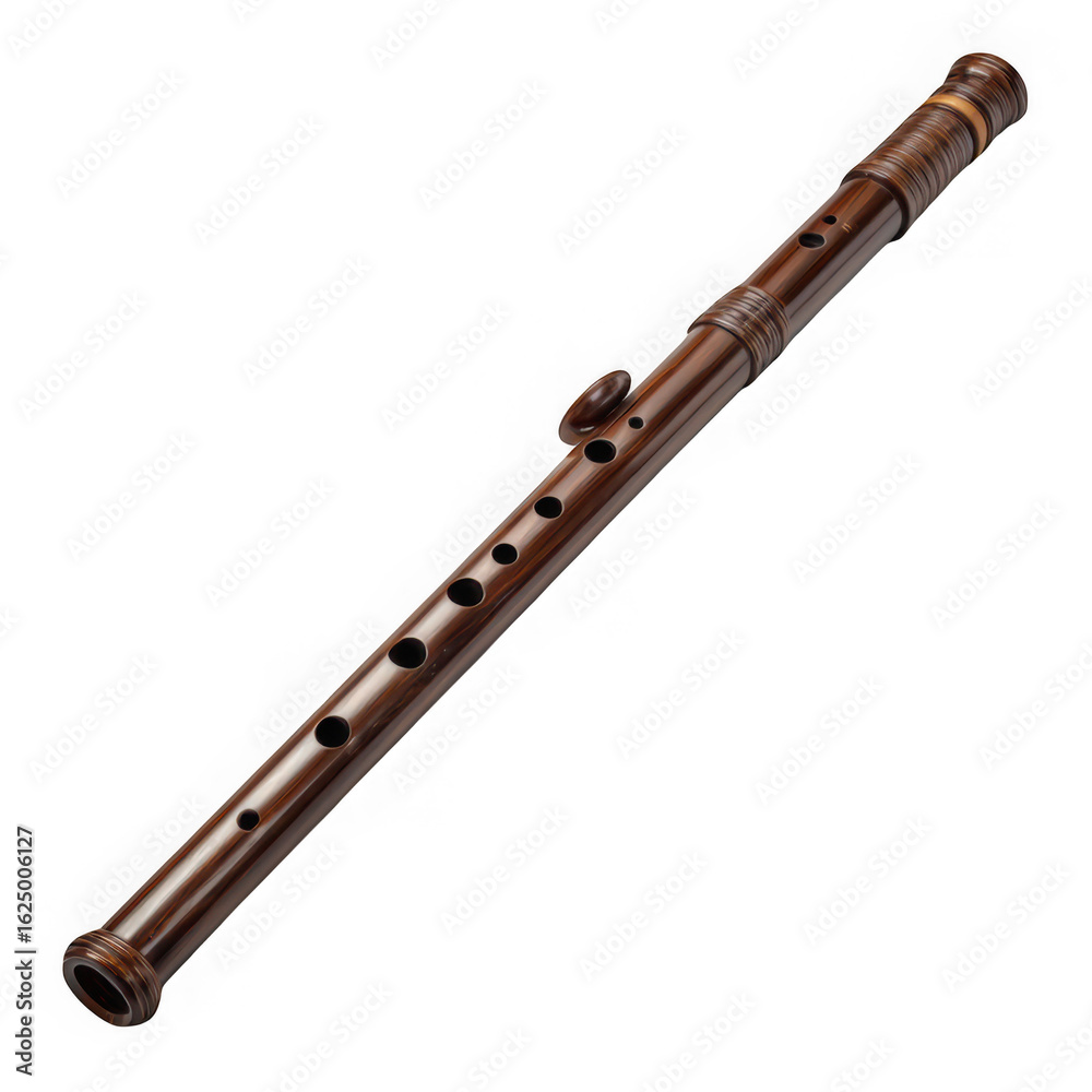 Fototapeta premium A dark wooden flute with finger holes is displayed against a plain transparent background in studio lighting