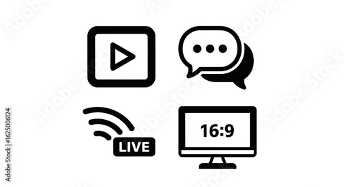 A set of solid glyph icons representing live video streaming, chat, and widescreen display.