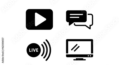Solid glyph icon set for online streaming, featuring video play, live broadcast, and chat symbols.