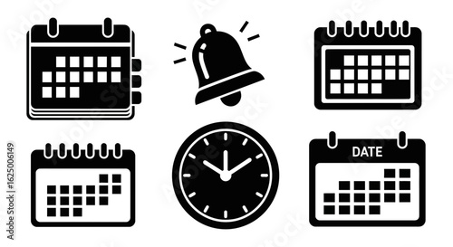 A glyph set of calendars and schedules. Planner, bell reminder, and clock icons for dates.