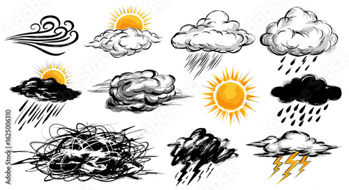 Hand-drawn brush stroke weather icon set showing various forecast conditions like sun and storms.