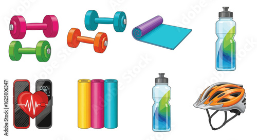 Colorful healthcare and fitness icons weights, yoga mats, water bottles, heart rate trackers