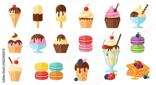 A collection of sweet dessert and ice cream icons in a colorful, playful flat cartoon style.