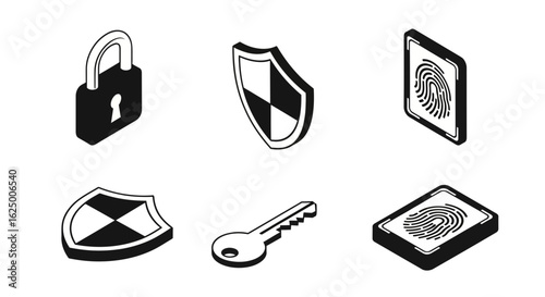 Isometric web security icons set in black and white featuring padlock, shield, key, fingerprint