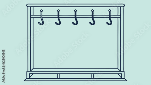 Illustration of a wooden coat rack with hooks, minimalist design, vector art