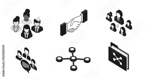 Isometric Teamwork Icons Collaboration, Connection, and Shared Resources in Black