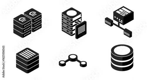 Isometric data center icons. Server racks, network hubs, and database symbols in black 3D style.