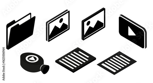Isometric icons set of digital files. Black glyphs of folder, document, video, and image files.